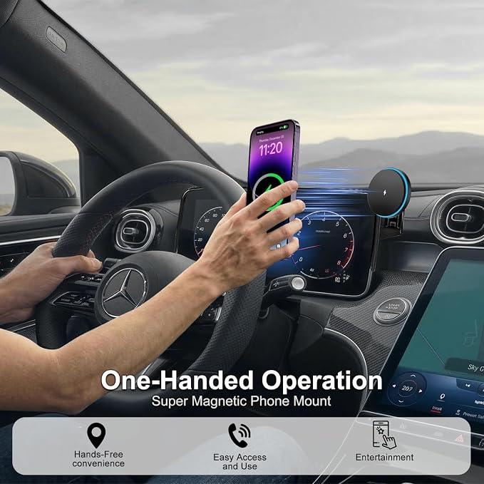 Car Phone Holder for Mercedes-Benz 2023–2026 GLC & 2022–2026 C-Class, 15W Magnetic Wireless Car Charger, 12.3-Inch Screen Precision Fit, OEM-Style, No View Obstruction Phone Mount with MagSafe