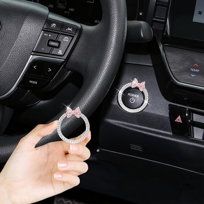 ORIESSE Pink Bow Car Accessories,Bow Tie Engine Start Button Ring,Bling Girly Silver Rhinestone Ring Start Stop Button Car Decor for Women,Ignition Ring Car Charm
