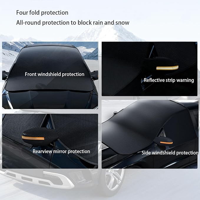 Windshield Cover for Ice and Snow, Winter Summer Sunshade with Thickened 600D Oxford Fabric, Universal Car Frost Shield Snow Cover Windshield Protector Yellow Earmuffs with Four Straps