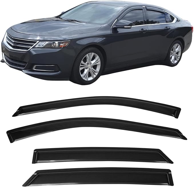 Fit 2014-2020 Chevy Impala Tape on Slim Style Acrylic Smoke Window Visors |, Dark Smoke, Scratch Proof, Waterproof, Custom Fit, Wind Sun Rain Vent Guards 4PCS, 2015 2016 2017 2018 2019