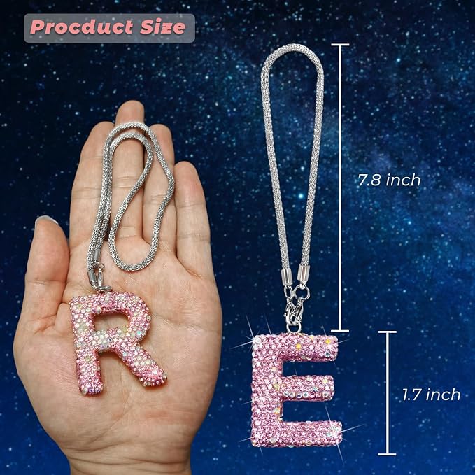 Bling Pink Car Accessories for Women Letter Charm, Rainbow Color Rear View Mirror Cute Crystal Pendant Car Decorations, Lucky Gifts Diamond Rhinestone Charm Letter E