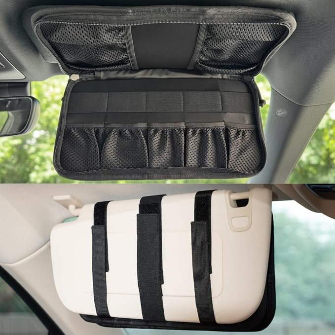 Tactical Visor Organizer MOLLE Panel with Zipper Storage Pouch & Sunglasses Holder Car Essentials EDC Gear Tool Pack Vehicle Accessories for Truck Pickup Van SUV ORV (Sun Visor Organizer)