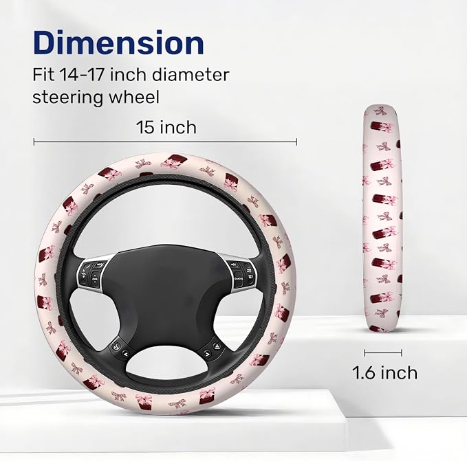 Retro Red Soda Bow Steering Wheel Cover, Polyester Non-Slip Car Wheel Grip, Universal 15 Inch Auto Accessory