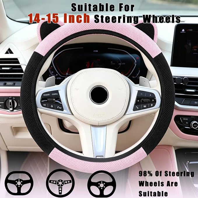 Steering Wheel Cover with Ears Keychain Fit 14-15 inch Black Pink | Cute Ears Car Steering Wheel Covers for Women Girls Elastic Breathable Steering Wheel Protector Accessories Universal Size