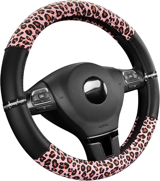 Leopard Steering Wheel Cover for Women, Cute Anti-Slip Microfiber Leather, Fits 14.5-15 Inch Steering Wheel 14.5-15 Inch - Black and Pink Cheetah