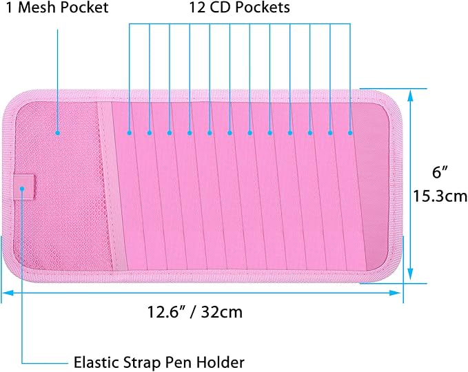 Car CD Case Holder, Vehicle Sun Visor Organizer for Cars with 12 DVD Storage Sleeves, 1 Mesh Pocket, 1 Pen Holder and Elastic Strap, Pink