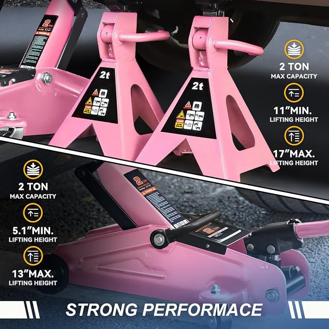 2 Ton Floor Jack with Jack Stands, Heavy Duty Steel Hydraulic Racing Floor Jack with Single Piston Quick Lift Pump, Hydraulic Trolley Service Car Jack, Pink