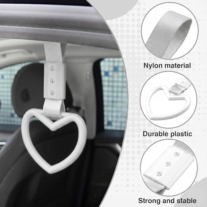 2PCS Heart Shaped Car Handle Straps, Rear Bumper Warning Keychain Ring for Car Exterior Accessories (White-Silver)