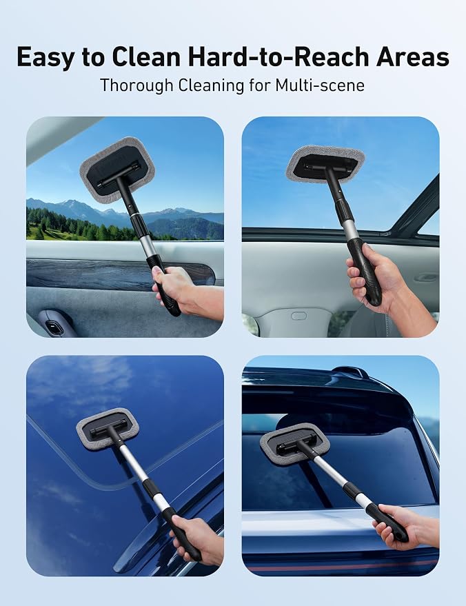 Windshield Cleaner, Microfiber Window Cleaner with 4 Reusable Washable Large Sponge Pads, Extendable 180° Rotating Handle, Fits Cars & SUVs, Includes Spray Bottle, Gray