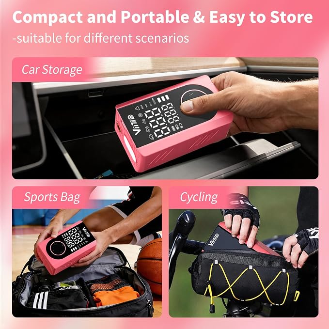 Tire Inflator Portable Air Compressor, LED Display & Auto Shut-Off, 5 Modes, 150PSI Cordless Air Pump with Digital Pressure Gauge for Car, Balls, Bike, Motorcycle, Pink Car Accessories for Women