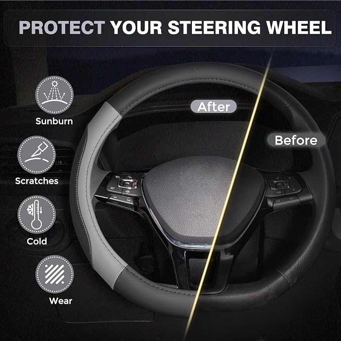Car Steering Wheel Cover, Microfiber Leather Steering Wheel Covers with Anti-Slip Lining, Breathable Elastic Car Steering Wheel Protector, Universal Standard Size 14-15 inch