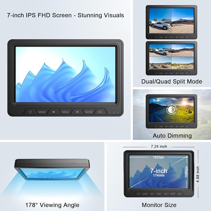 HD 4 Cameras Wireless RV Backup System, 7" Split-Screen Monitor, 2 Rear View + 2 Side Cameras, IR Night Vision Recording Waterproof Compatible with Furrion Pre-Wired RV Truck Trailer - DW7Y504