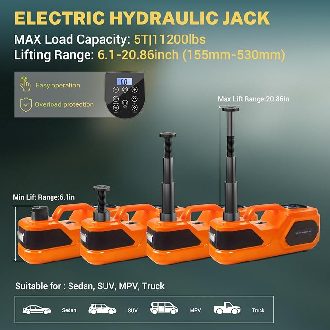 5 ton Cordless Electric car Jack kit with Hydraulic Lift,Lithium Battery & Double Cylinder air Pump & LCD Touch Screen - Portable car Jack and Stand kit Includes Impact Wrench