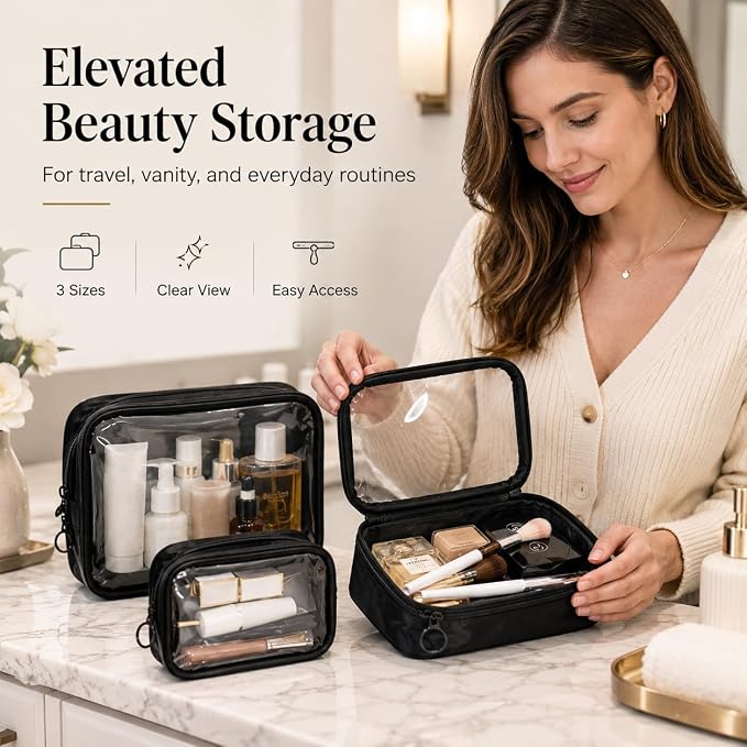 Clear TSA Approved Toiletry Bag - 3-Pack (Large, Small & Mini) Clear Makeup Cosmetic Bag with Zipper, Quart Size Travel Essential Organizer for Women, Car Bag Organizer & Car Organization Essentials