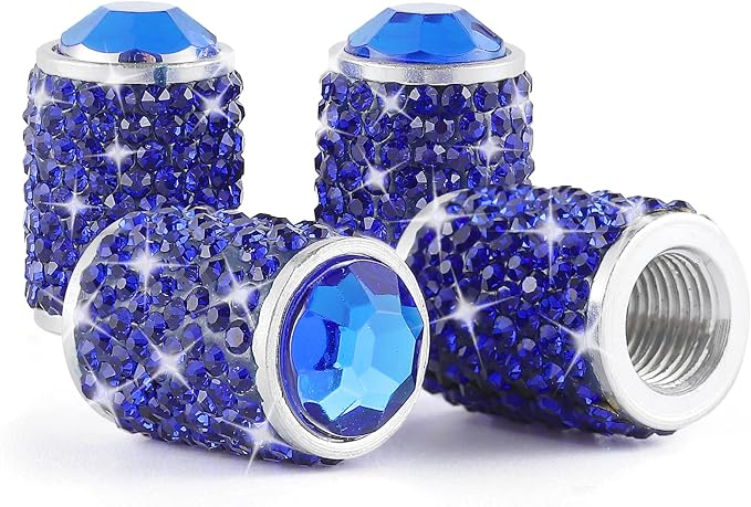 Car Wheel Tire Valve Caps, 4 PCS Bling Tire Valve Caps, Crystal Tire Caps Shinny Rhinestone for Women, Universal Car Dustproof Tire Valve Caps for Cars, Trucks, SUV and Motorcycles (Blue)