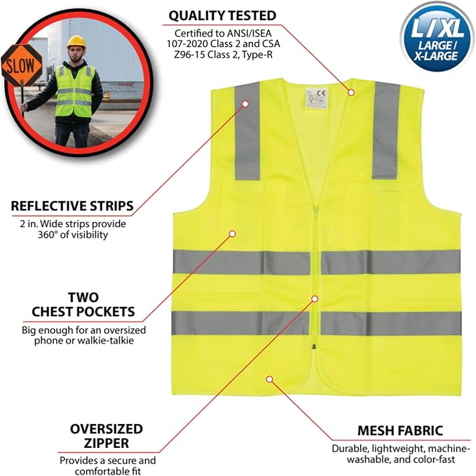 W1580 High-Visibility Reflective Safety Vest, Chest Pockets, Zip Closure, Neon Yellow