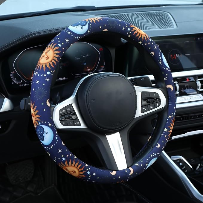 Astrology Sun Moon Celestial Steering Wheel Cover Auto Steering Wheel Protector, Anti-Slip, Breathable, Absorbing Sweat, Universal Car Accessories 14.5–15 inch,Fit for Most Car, Trucks, SUV