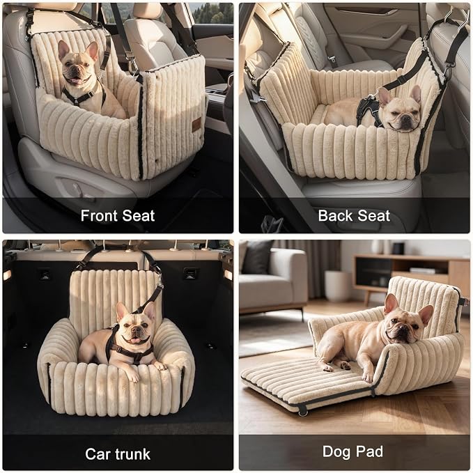 Dog Car Seat for Small/Medium Dogs up to 25 lbs, Multi-Functional Dog Carrier for Car with Detachable Washable Cover, Pet Travel Bed with Clip-On Safety Leash, Brown