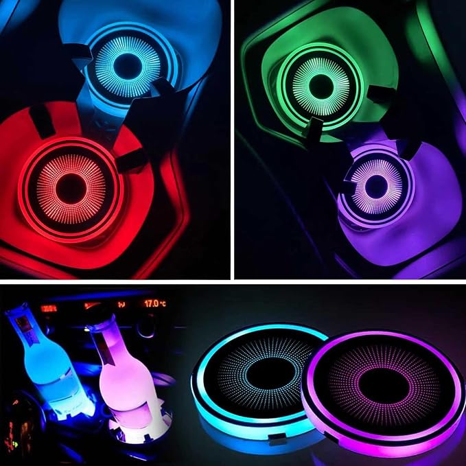 2PCS LED Car Cup Holder Lights, Light up Car Coasters for Cup Holders 7 Color-Changing Light Up Cup Holder Insert Coasters, Waterproof Car Accessories for Teens, Car Gifts for Men & Women
