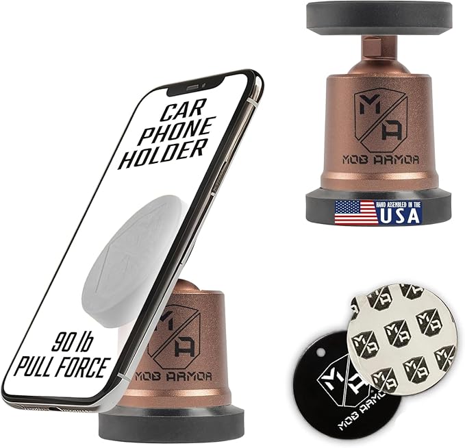 MobNetic Maxx - USA Assembled Magnetic Phone Holder for Car, Magnetic Car Phone Mount, 90-Degree Tilt, 360-Degree Rotation, Aluminum Metal, Compatible with iPhone & Android - Bronze