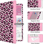 Car Registration and Insurance Holder, with Magnetic Closure for License, Cards and Documents, All Vehicle Needs and Car Accessories (Leopard-Pink)