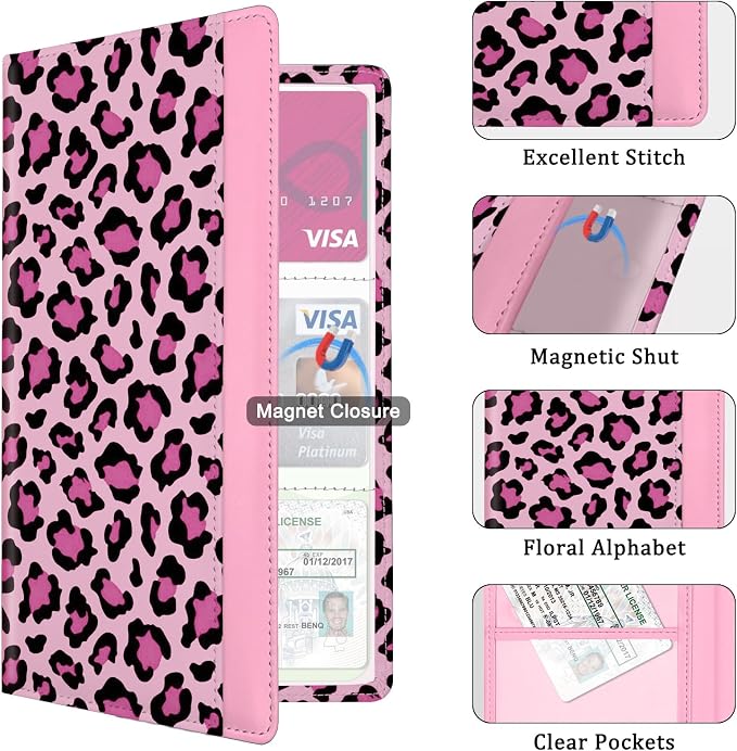 Car Registration and Insurance Holder, with Magnetic Closure for License, Cards and Documents, All Vehicle Needs and Car Accessories (Leopard-Pink)