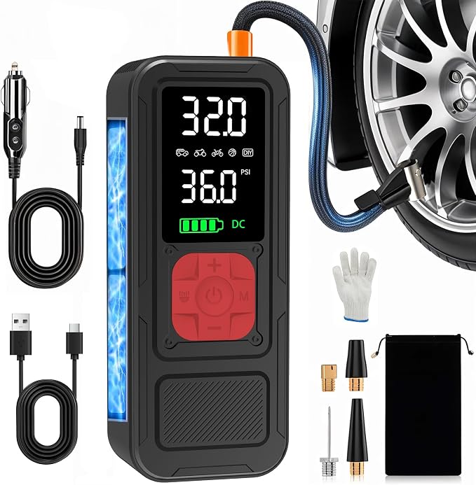 Y34 Tire Inflator Portable Air Compressor,4X Faster Inflation,10000mAh Cordless/12V DC 150PSI Air Pump for Car Tires with Digital Pressure Gauge/LED Light for Car,Motorcycle,Bike,Ball