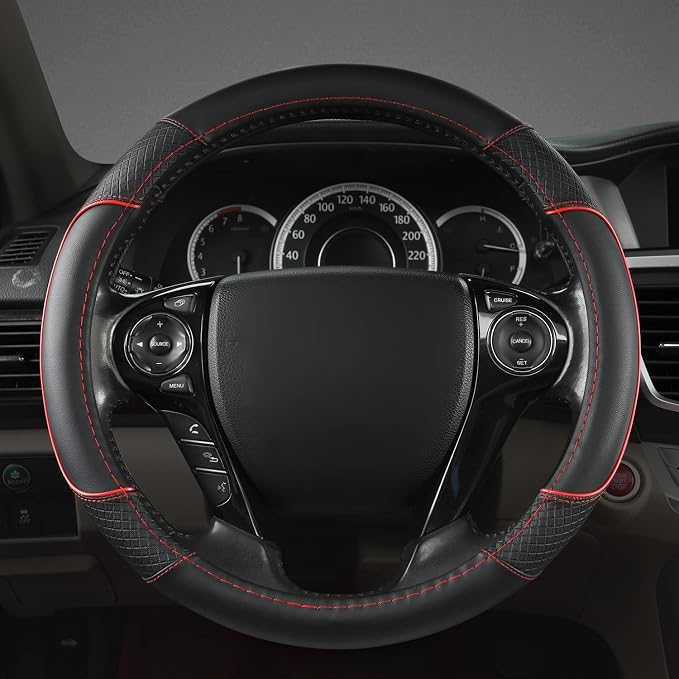 Steering Wheel Cover for Honda Civic(2006-2015),CR-Z, Insight, S2000 (Black+Red Line-Small Size)