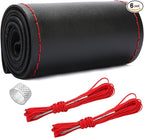 Genuine Leather Steering Wheel Cover, Stitch on Wrap, Breathable Anti-Slip Car Steering Wheel Protector for Max Diameter 15 Inch, DIY Sewing with Needles Thread (Black/Red Line, Glossy)