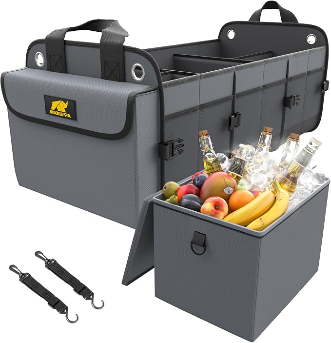 Car Trunk Organizer with Cooler, 100L, Premium Material, Gray | Collapsible Heavy Duty Large Car Organizer, Sturdy Trunk Storage for SUV with Adjustable Straps and Non Slip Bottom