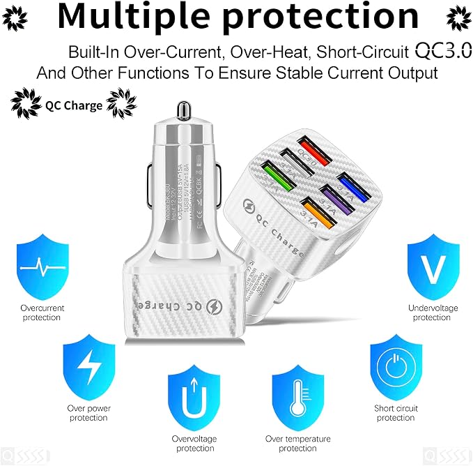 Car Charger Adapter, 6 USB Multi Port, Fast Charger, Include QC 3.0 and 5 Other Ports, Car Interior Accessories, Fit for iPhone 13/12/11/pro, Samsung Galaxy/Note S10/S9/S8 - White（2PCS）