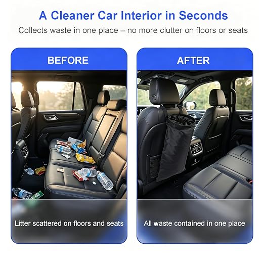 2 Pack Car Trash Bags, Hanging Car Garbage Can with Elastic Top Opening & Detachable Bottom, Waterproof Washable Seat Back Organizer for SUV, Van, Travel, Camping (Black)