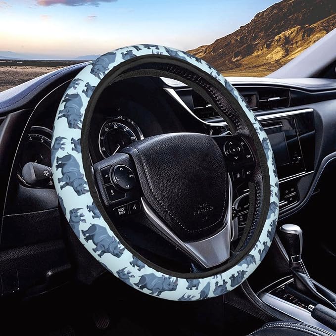 Cartoon Animal African Rhinos Steering Wheel Covers Anti-Slip Elasticity Car Accessories Steering Wheel Protector Universal 15 Inch for Cars SUV Vehicle Truck