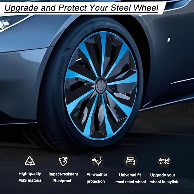 Hubcap Wheel Cover Replacement R16 Hub Caps Universal-Fit Steel Wheel Rim Cover ABS Material Exterior Accessories for Car Truck SUV -Set of 4（16-inch，Blue-Black）