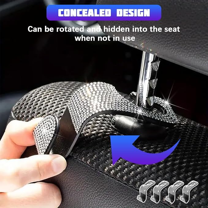 Bling Car Seat Headrest Hooks, 4PCS Crystal Rhinestone Vehicle Back Seat Hanger Holder for Handbags Purses Coats, Automotive Headrest Storage Organizer, Universal for RV SUV Truck (White)