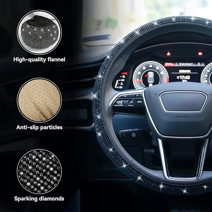 Bling Steering Wheel Cover, Rhinestone Steering Wheel Cover with Crystal Diamond for Women, Sparkling Car Wheel Protector Universal Fit 14-15 inches - Black