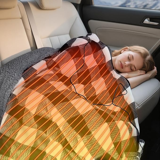 Car Heated Blanket, 12-Volt Portable Heated Car Blanket with 4 Heating Levels & 4 Hours Auto Off for Car, Truck, SUV, RV or Camping, Travel, Machine Washable, 59" X 43", Plaid