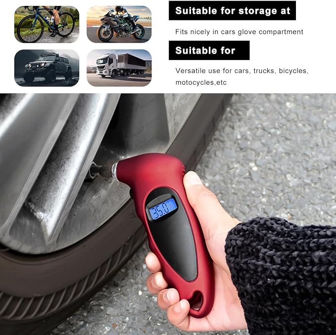 Digital Tire Pressure Gauge, 150PSI 4 Settings High Accuracy Tire Gauge with Backlit LCD and Non-Slip Grip, Easy to Read Air Pressure Gauge for Cars, Trucks and Bicycles (Red)