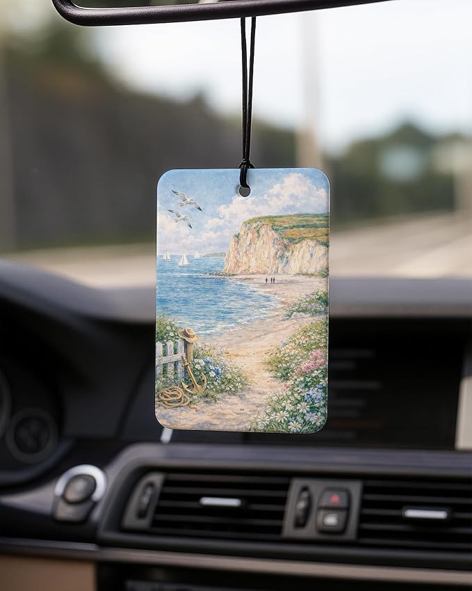 Vintage Coastal Beach Car Air Freshener 4 Pcs Coconut Scented, East Coast Seaside Car Accessories Mirror Decor for Women, Nautical Ocean Hanging Air Freshener for Cars Closet Drawer Books