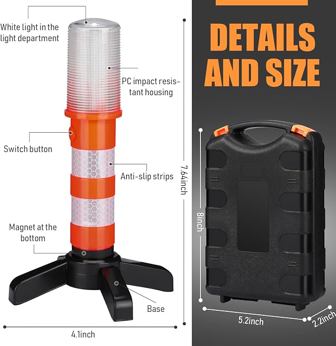 8 Pack Road Flares Emergency Kit LED Roadside Warning Lights Bright Red Highway Flares Lights for Vehicles Road Safety Strobe with Magnetic Bases Detachable Stands Storage for Car Truck