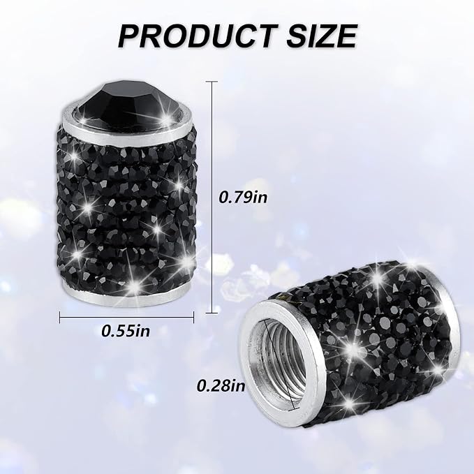 Car Wheel Tire Valve Caps, 4 PCS Bling Tire Valve Caps, Crystal Tire Caps Shinny Rhinestone for Women, Universal Car Dustproof Tire Valve Caps for Cars, Trucks, SUV and Motorcycles (Black)