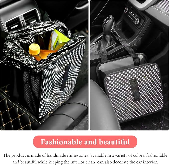 Car Foldable Trash Can, Bling Rhinestone Oxford Garbage Container Hanging Waterproof Organizer, Mini Crystal Dustbin Waste Basket Leakproof Trash Bin for Car Office Kitchen (AB)