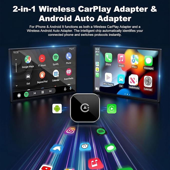 2026 New Wireless CarPlay Adapter, Compatible CarPlay & Android Auto, Plug and Play Wireless CarPlay Dongle, Fast Auto-Connect, Type-C & USB Cable Included, Supports iOS 10+ & Android