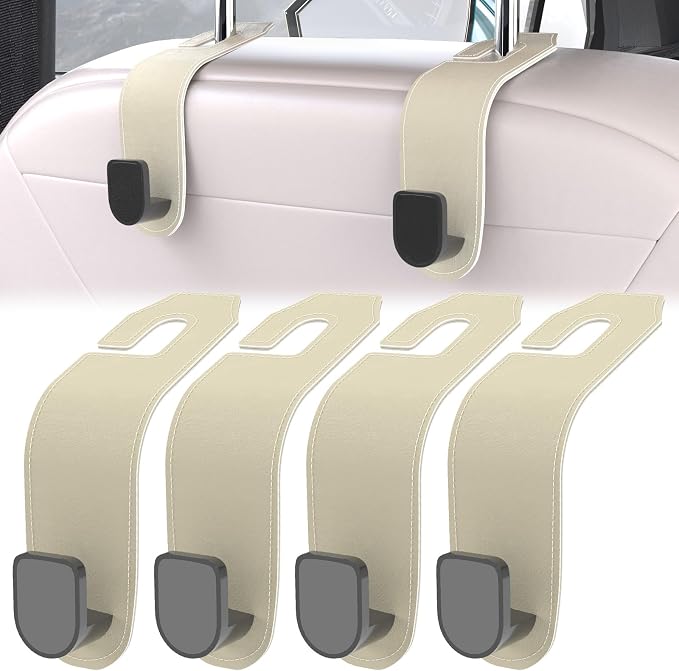 4 Pcs Seat Headrest Hook for Car, Seat Back Hanger Holder Hooks, Hanger Storage Organizer for Purse Bags Coat, Car Interior Accessories Leather Hidden Hook