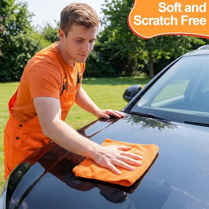 Microfiber Cleaning Cloths for Cars 16 x 16 Inch Ultra Absorbent Car Towels Drying Reusable Cleaning Supplies House Kitchen Window Microfiber Towel (Orange,60 Pcs)