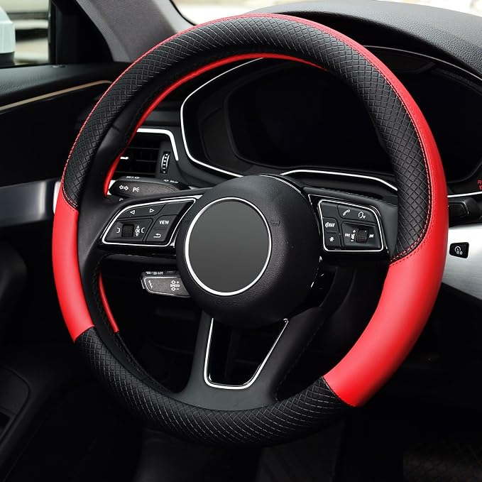 Steering Wheel Cover, Universal Fit 15 Inch Microfiber Leather Car Wheel Protector, Anti-Slip, Red