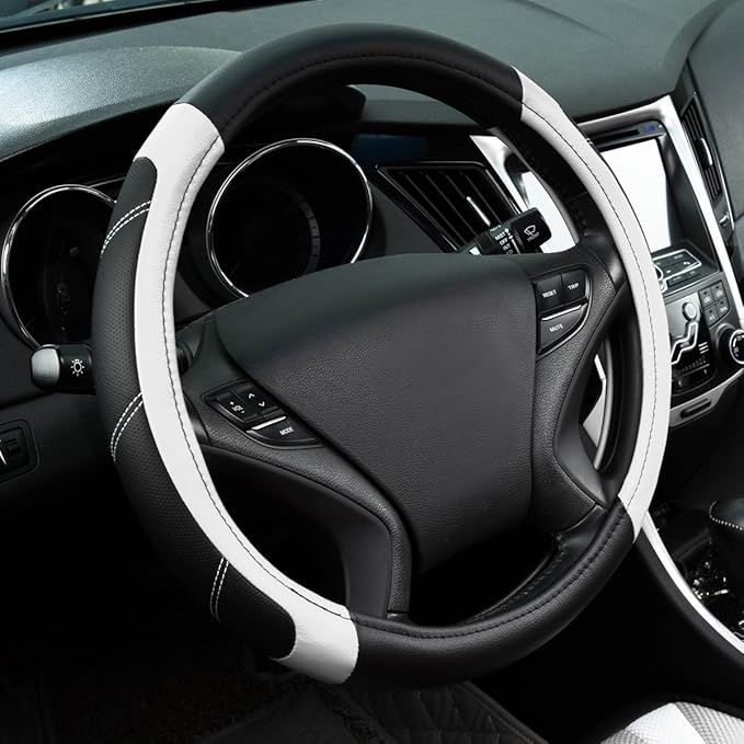 Line Rider Microfiber Leather Sporty Steering Wheel Cover Universal Fits for 95% Truck,SUV,Cars,14.5-15inch Anti-Slip Safety Comfortable Desgin (Black-White)