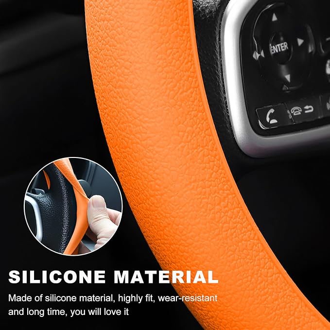 Car Steering Wheel Cover, 13 to 14.17 inches Anti-Slip Silicone Steering Wheel Protector, Soft Flexible Shock-Absorbent Steering Wheel Protective Cover for Most Car Models (Orange)
