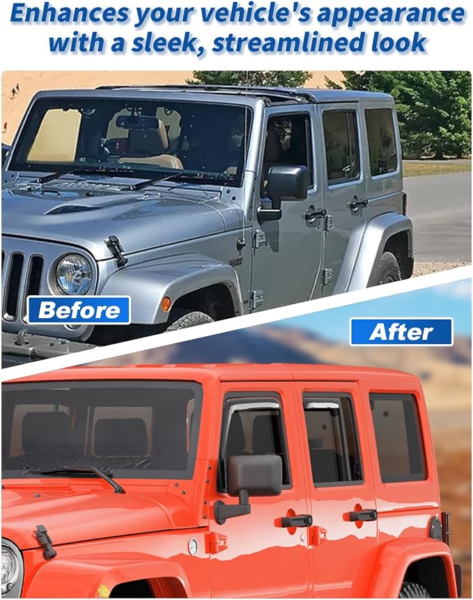 in-Channel Rain Guards Fit for Jeep Wrangler JK 2007-2018 Window Rain Guard Extra Durable Window Deflectors Window Vent Visors Vent Shades Exterior Car Accessories