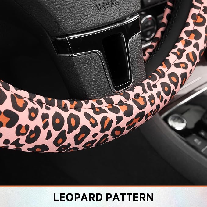 Leopard Steering Wheel Cover for Women, Cute Anti-Slip Microfiber Leather, Fits 14.5-15 Inch Steering Wheel 14.5-15 Inch - Black and Pink Cheetah